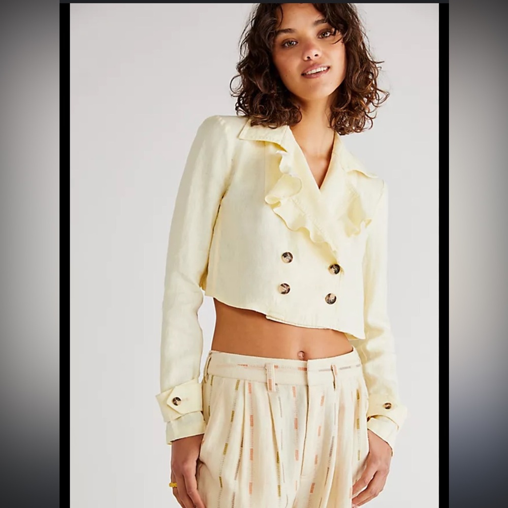 Free People Bennie Crop Blazer Linen Yellow Size XS